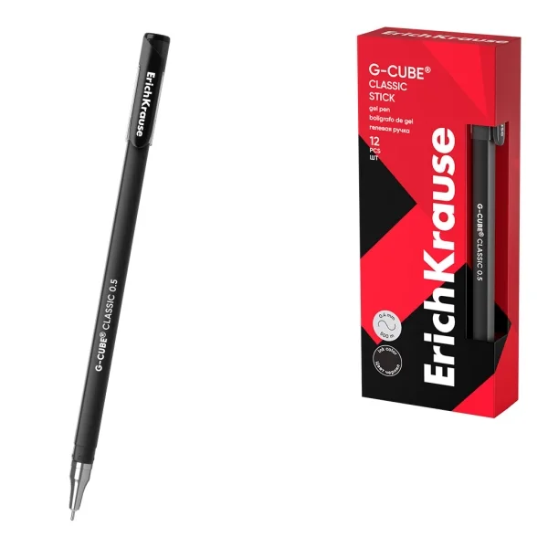 ErichKrause G-Cube Stick Classic Boligrafo con Capuchon - Punta de 0.5mm - Trazo 0.4mm - Tinta de Gel - Resistente al Agua - Secado Rapido - Color Negro · Pack de 12 uds.