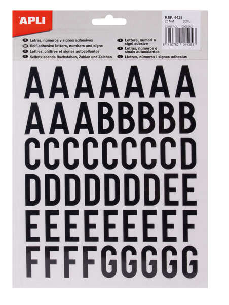 Apli Letras Adhesivas de Palo Mayusculas - Altura 25mm - Color Negro - Pack de 4 Hojas con 209 Letras · Pack de 5 uds.