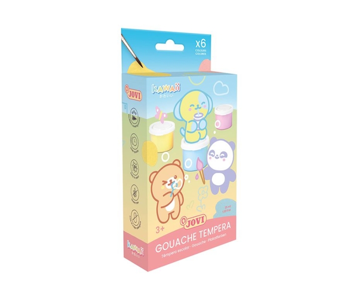 Jovi Kawaii Pack con 6 Botes de Tempera 35ml + Pincel - Secado Rapido - Excelente Adherencia - Lista para Usar - Colores Surtidos