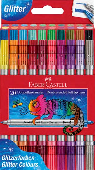 Faber-Castell Glitter Pack con 20 Rotuladores Doble Punta - Punta Gruesa y Fina - Tinta con Efecto de Purpurina - Tinta a Base de Agua - Colores Surtidos