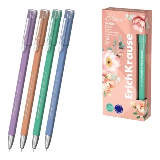 ErichKrause G-Reed Stick Pastel Bloom Boligrafo con Capuchon - Modelos Surtidos - Trazo 0.25mm - Tinta de Gel - Resistente al Agua - Secado Rapido - Tapa Ventilada - Color Azul · Pack de 12