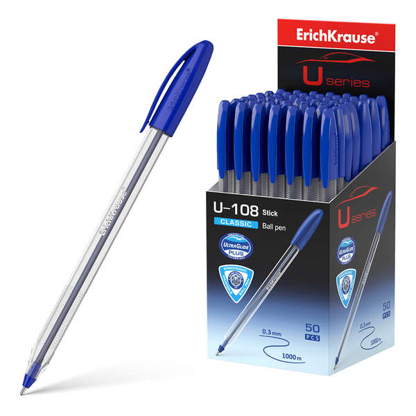 Erichkrause U-108 Boligrafo Clasico - Punta de Bola 1.0mm - Trazo de 0.3mm - Tapa Ventilada - Ultra Glide Technology - Color Azul · Pack de 50 uds.