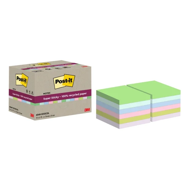Post-It Super Sticky Pack de 12 Blocs de 70 Notas Adhesivas Recicladas - Forma Cuadrada - 76x76mm - Colores Surtidos
