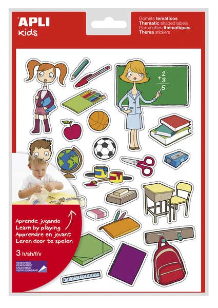 Apli Bolsa de Gomets Tematicos la Escuela - 78 Gomets en 3 Hojas - Adhesivo Removible - Ilustraciones Educativas - Adhesivo Base Agua - Libre de Disolventes - Colorido · Pack de 5 uds.