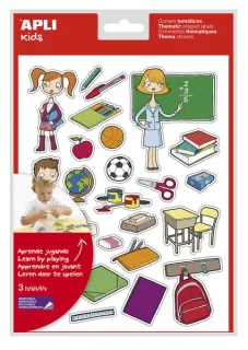 Apli Bolsa de Gomets Tematicos la Escuela - 78 Gomets en 3 Hojas - Adhesivo Removible - Ilustraciones Educativas - Adhesivo Base Agua - Libre de Disolventes - Colorido · Pack de 5 uds.