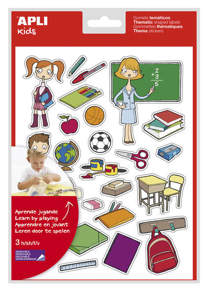 Apli Bolsa de Gomets Tematicos la Escuela - 78 Gomets en 3 Hojas - Adhesivo Removible - Ilustraciones Educativas - Adhesivo Base Agua - Libre de Disolventes - Colorido · Pack de 5 uds.