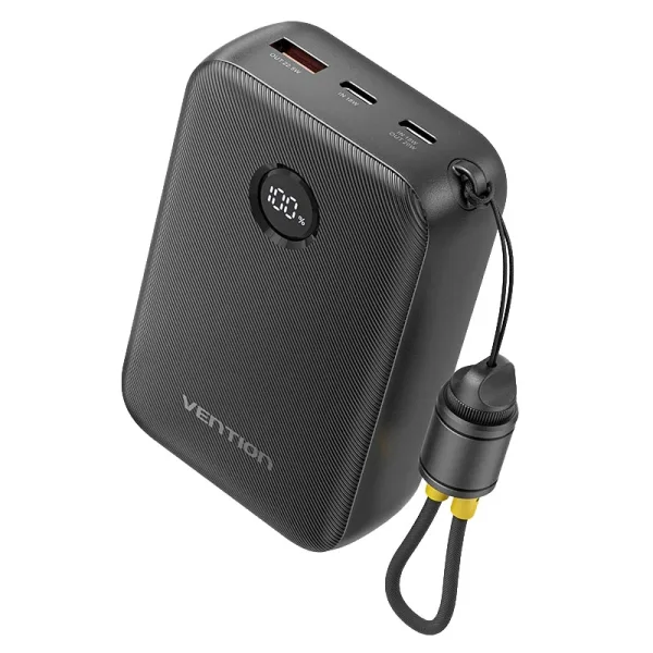 Vention Powerbank de 20000mAh - Potencia de Salida hasta 22.5W - USB-A - USB-C - Pantalla LED - Cable USB-C de 17cm - Apto para Viajes Aereos - Color Negro