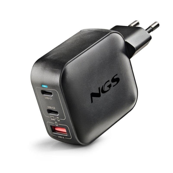 NGS Bud Tiny Cargador GaN Universal de Pared 100W Ultrarrapido - 2x USB-C PD & PPS, 1x USB-A QC 3.0 - Color Negro