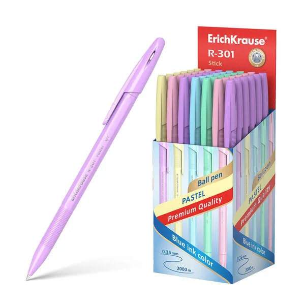 Erichkrause R-301 Pastel Boligrafo Punta de Bola 0.7mm - Trazo 0.35mm - Cuerpo Hexagonal Opaco en Colores Pastel - Tinta de Secado Rapido - Color Tinta Azul · Pack de 50 uds.