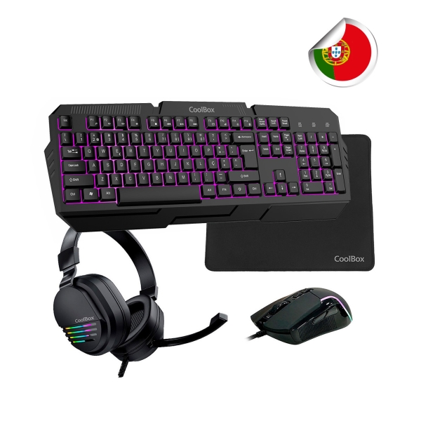 Coolbox Pack Gaming XWING 2 4 en 1 Portugues- Teclado RGB - Raton 7200 DPI - Auriculares RGB USB - Alfombrilla Antideslizante - Color Negro