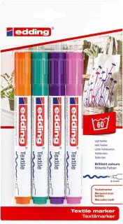 Edding 4500 Colores Divertidos Pack de 4 Rotuladores Permanentes para Textil - Punta Redonda - Trazo 2-3mm - Olor Neutro - Secado Rapido - Colores Naranja, Verde Palido, Violeta y Rosa