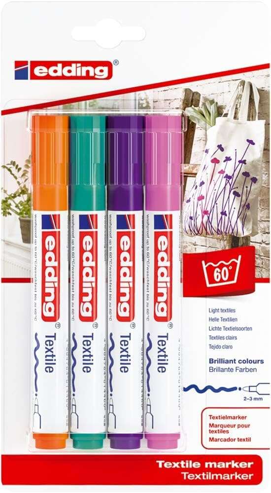 Edding 4500 Colores Divertidos Pack de 4 Rotuladores Permanentes para Textil - Punta Redonda - Trazo 2-3mm - Olor Neutro - Secado Rapido - Colores Naranja, Verde Palido, Violeta y Rosa