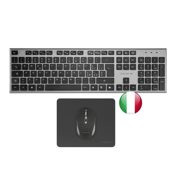 Tacens Zenith Combo Pack Inalabrico de Teclado Completo + Raton y Alfombrilla - Disposicion Italiana QWERTY IT - Teclas Silenciosas de Perfil Bajo - Sensor de 3200dpi - Conexion Dual Link 2.