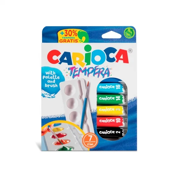 Carioca Pack de 7 Tubitos de Tempera 10ml + Pincel y Paleta - Alto Poder Cubriente - Aplicable en Materiales Porosos - Colores Surtidos
