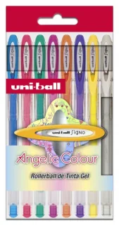 Uni-ball Signo Angelic Pack de 8 Rollers de Tinta Gel - Punta de Bola 0.7mm - Tinta Resistente al Agua y Luz - Escribe en Papel Negro y Blanco - Colores Surtidos