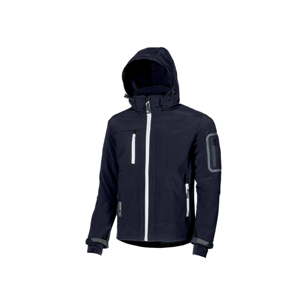 Upower Metropolis Soft Shell de Trabajo - Talla 2XL - Tejido Elastico Cortavientos, Transpirable, Resistente al Agua, Bolsillos Termicos, Capucha Desmontable, Proteccion DPI1 - Color Azul Ma