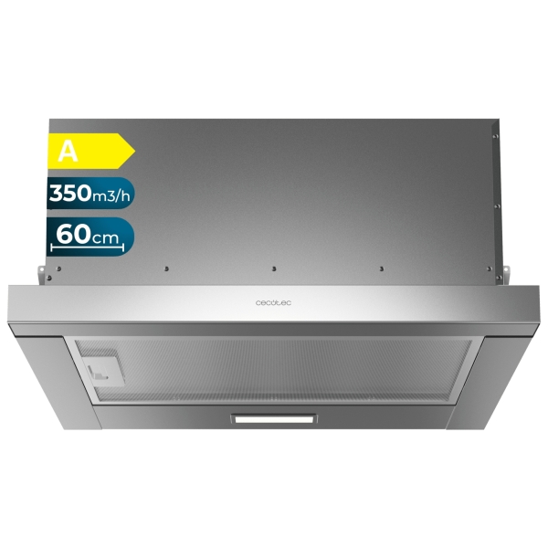 Cecotec Bolero Flux TLM 603500 Inox A Campana Extractora Telescopica de 60cm - 70W - Succion 350m3/h - Luz LED - Incluye Accesorios - Kit de Montaje - Filtros de Carbono Incluidos - Color Ac