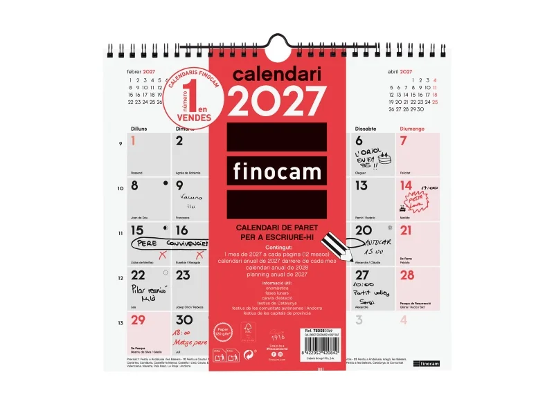 Finocam Neutro Calendario de Pared en Catalan - Anual 2027 - Mes Vista - Formato M - 265x245mm - Espiral Doble - Papel de 120g/m2 - Espacio para Escribir - Color Rojo y Blanco