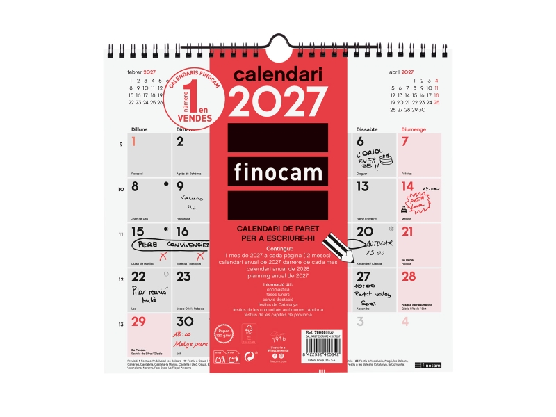 Finocam Neutro Calendario de Pared en Catalan - Anual 2027 - Mes Vista - Formato M - 265x245mm - Espiral Doble - Papel de 120g/m2 - Espacio para Escribir - Color Rojo y Blanco
