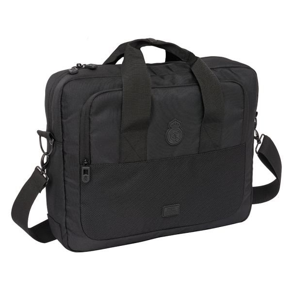 Safta Real Madrid Premium Maletin para Portatil hasta 15.6" - Bolsillo para Tablet - Organizadores - Bandolera Ajustable - Mosquetones - Sistema para Candado - 11L - 400x90x330mm - Color Negro