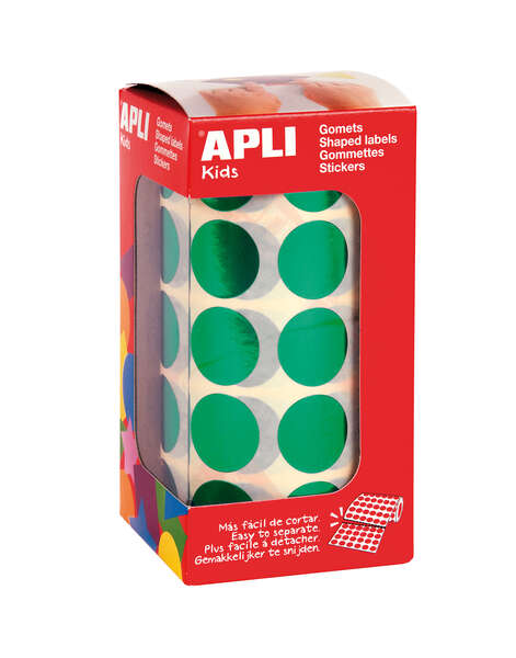 Apli Rollo de 1770 Gomets Redondos Ø 20mm - 59 Hojas Pretroqueladas - Adhesivo Permanente - Normas EN-71 y FSC - Adhesivo Base Agua - Materiales Reciclables - Color Verde Metalizado