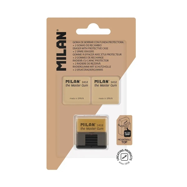 Milan Master Gum Pack de Goma con Funda Rigida + 2 Gomas de Recambio - Para Bellas Artes - Miga de Pan - Caucho Sintetico - Color Marron