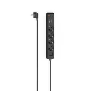 Hama Regleta Alimentacion con 7 Tomas - Potencia Maxima 3680W - Cable 1.4m - 4x Schuko - 2x USB-C - 1x USB-A - Interruptor de Encendido - Enchufe Schuko en Angulo - 5.3x4x30.5cm - Color Negr
