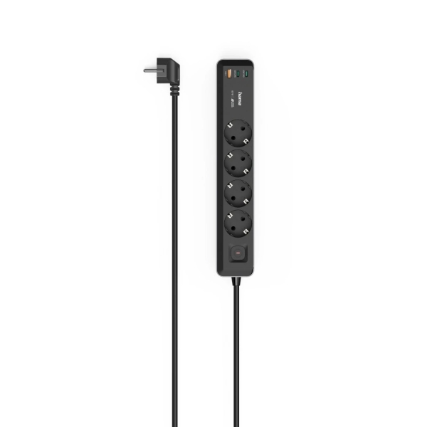 Hama Regleta Alimentacion con 7 Tomas - Potencia Maxima 3680W - Cable 1.4m - 4x Schuko - 2x USB-C - 1x USB-A - Interruptor de Encendido - Enchufe Schuko en Angulo - 5.3x4x30.5cm - Color Negro y Gris
