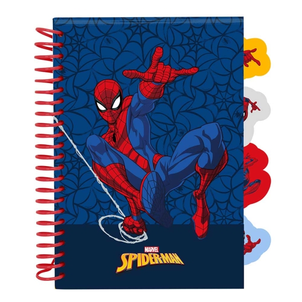 Safta Spider-Man Bloc de Notas - Formato A5 - 80 Hojas de 80 g/m2 - Espiral - Tapas Duras - 4 Separadores Interiores - 14.8x2.1cm - Color Azul Marino