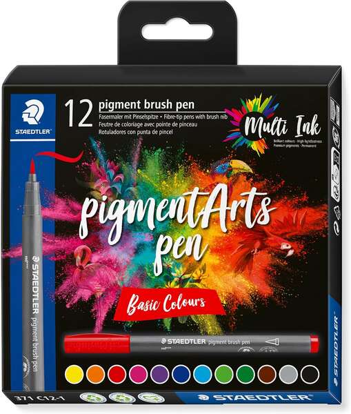 Staedtler 371 Pack de 12 Rotuladores Punta de Pincel Suave - Colores Vivos y Brillantes - No Amarillea con el Paso del Tiempo - Nueva Tinta Multi Ink - Pigmentos de Primera Calidad - Colores