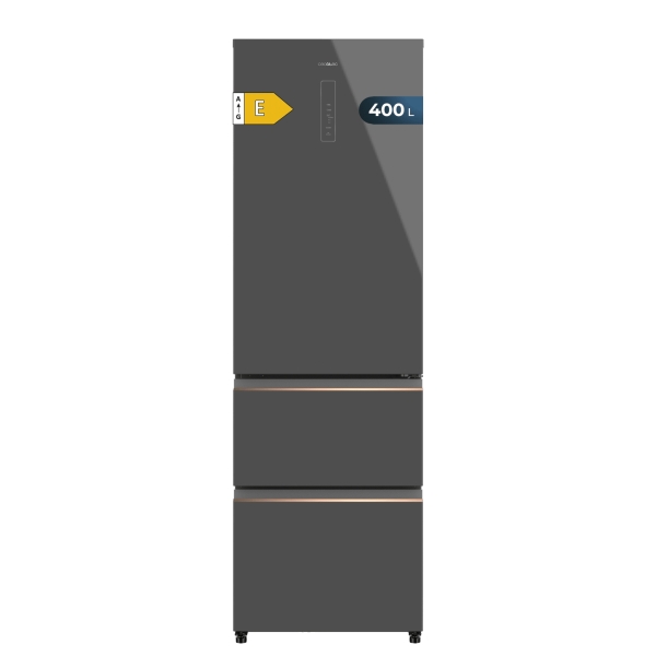 Cecotec Bolero CoolMarket Combi FD 400 Grey Glass E Frigorifico Puerta Francesa - Capacidad 400L - Luz LED - Compresor Inverter - Total Nofrost - Frio Envolvente - Clase E - 60x64x191cm - Co