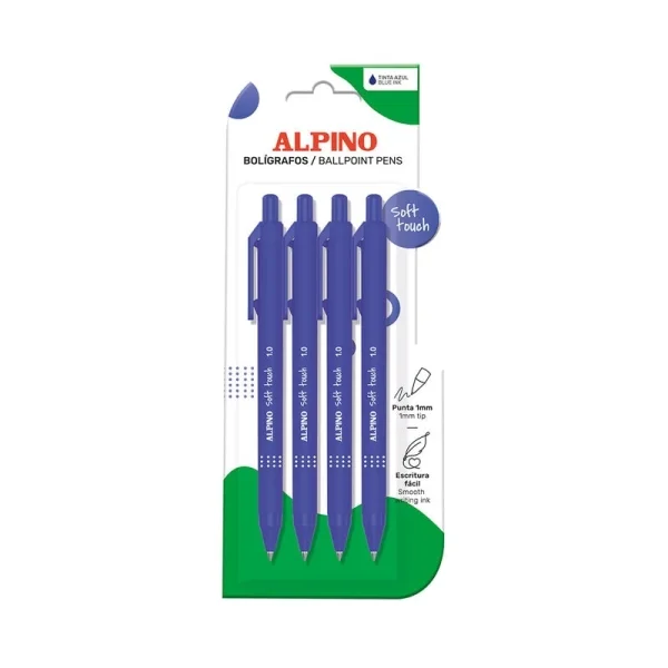 Alpino Soft Touch Pack con 4 Boligrafos Retractiles - Punta 1mm - Tacto Suave - Tinta Azul - Color Azul