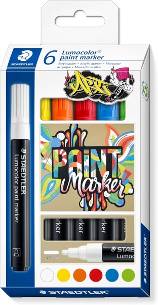 Staedtler Lumocolor 349 Pack con 6 Marcadores Acrilicos Permanentes - Trazo 2.4 mm aprox. - Tinta Base de Agua - Colores Surtidos