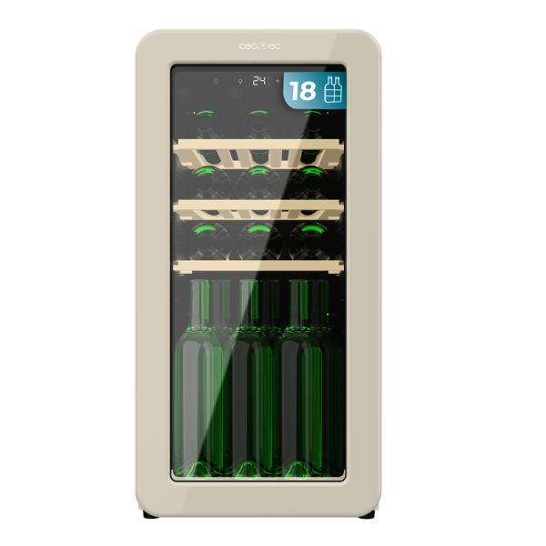 Cecotec Bolero GrandSommelier Origin 18 Hit Beige Vinoteca 18 Botellas - Luz LED - Temperatura Regulable - Estilo Retro - Compresor Integrado - Ventilador Interior - 74.3x36.6x47.6cm - Color