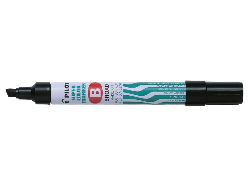 Pilot Super Color Rotulador Permanente Multisuperficie - Punta Biselada de Fibra - Tinta Base Alcohol Libre de Xileno - Cuerpo Metalico - Color Negro · Pack de 12 uds.