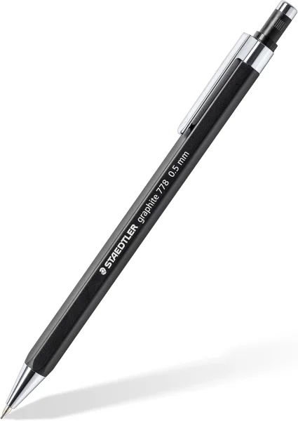 Staedtler Graphite 778 Portaminas 0.5mm - Cuerpo Hexagonal Negro Mate - Punta Metalica Retractil - Mina Amortiguada - Clip Metalico - Goma de Borrar · Pack de 10 uds.