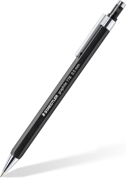 Staedtler Graphite 778 Portaminas 0.5mm - Cuerpo Hexagonal Negro Mate - Punta Metalica Retractil - Mina Amortiguada - Clip Metalico - Goma de Borrar · Pack de 10 uds.