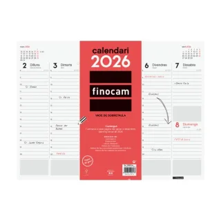 Finocam Vade Protector de Escritorio en Catalan - Anual 2026 - Encolado - 420x7x310mm - Semana Vista en Vertical - Color Blanco y Rojo
