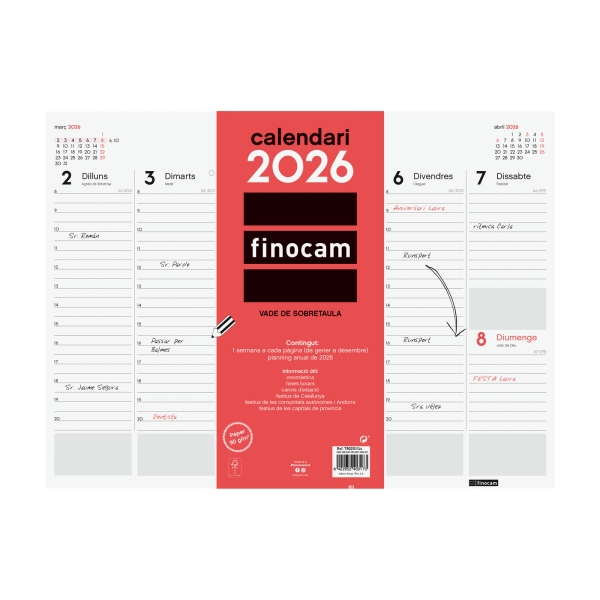 Finocam Vade Protector de Escritorio en Catalan - Anual 2026 - Encolado - 420x7x310mm - Semana Vista en Vertical - Color Blanco y Rojo