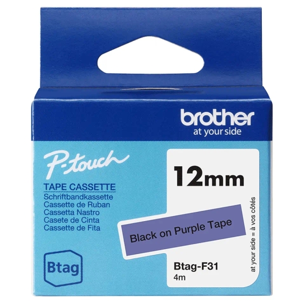 Brother Btag-F31 Cinta 12mm - Texto Negro sobre Fondo Morado - Medidas 12mmx4 Metros - Apta para PTN10, PTN20, PTN25BT