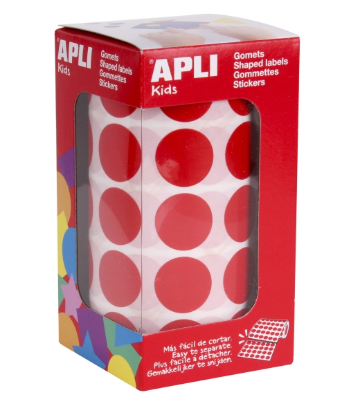 Apli Rollo de 1770 Gomets Redondos Rojos - Ø 20mm - Adhesivo Permanente - Desarrolla Habilidades y Capacidades en Niños