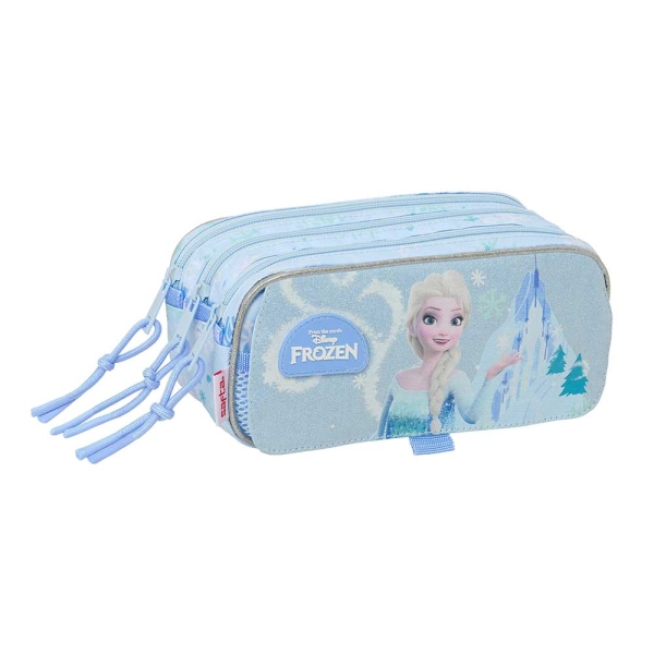 Safta Frozen Portatodo - 3 Compartimentos con Cremallera - Cinta Trasera Adaptable - Bolsillo Frontal de Rejilla con Velcro - 21.5x10x8cm - Color Azul Pastel
