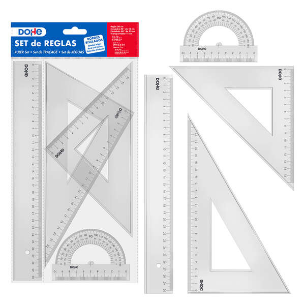 Dohe Set de Reglas - Regla, Escuadra, Cartabon y Transportador - Plastico Inyectado Transparente Cristal - Cantos Biselados y con Reborde