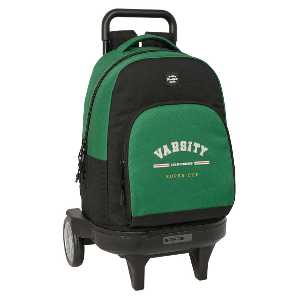 Safta Blackfit8 Varsity Mochila con Carro - Bolsillo Frontal - Ruedas Antivibracion - Hombreras Acolchadas - Portabotellas - Mochila Extraible - 33L - 330x220x450mm - Color Negro y Verde