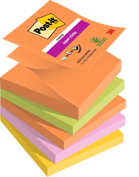 Post-It Super Sticky Pack de 5 Blocs de 90 Notas Adhesivas Reposicionables - Forma Cuadrada - 76x76mm - en Zig-Zag - Colores Surtidos