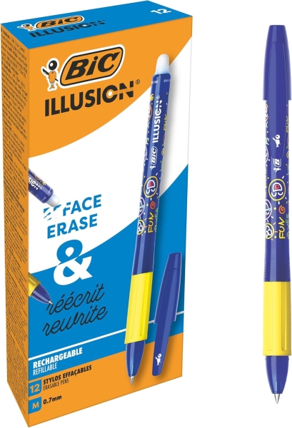 Bic Illusions Boligrafo Borrable - Punta Media de 0.7mm - Grip de Goma - Recargable - Color Azul · Pack de 12 uds.