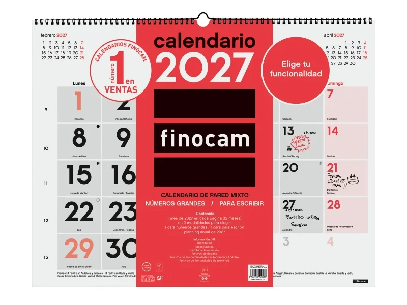 Finocam Neutro Calendario de Pared - Anual 2027 - Mes Vista - Formato XL - 540x420mm - Espiral Doble - Papel de 135g/m2 - Espacio para Escribir - Numeros Grandes - Color Rojo y Blanco