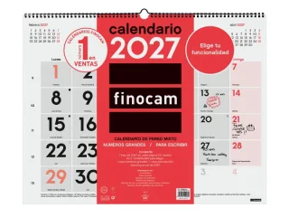 Finocam Neutro Calendario de Pared - Anual 2027 - Mes Vista - Formato XL - 540x420mm - Espiral Doble - Papel de 135g/m2 - Espacio para Escribir - Numeros Grandes - Color Rojo y Blanco