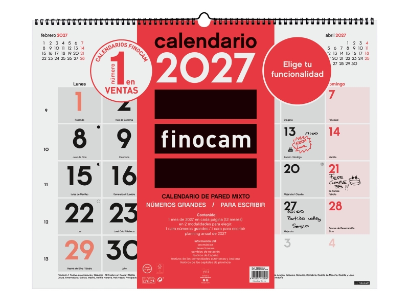 Finocam Neutro Calendario de Pared - Anual 2027 - Mes Vista - Formato XL - 540x420mm - Espiral Doble - Papel de 135g/m2 - Espacio para Escribir - Numeros Grandes - Color Rojo y Blanco