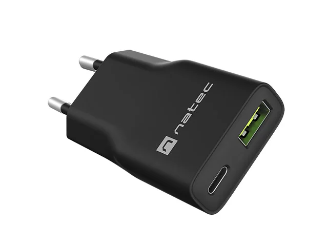 Natec Ribera Slim Cargador de Pared Gan 20W - 1xUSB-A + 1xUSB-C - Carga Rapida - Color Negro